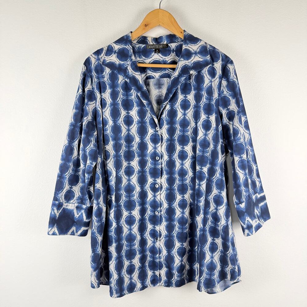 Lafayette 148 Blue White Circle 3/4 sleeve Stretch Button Front Shirt Women's 18